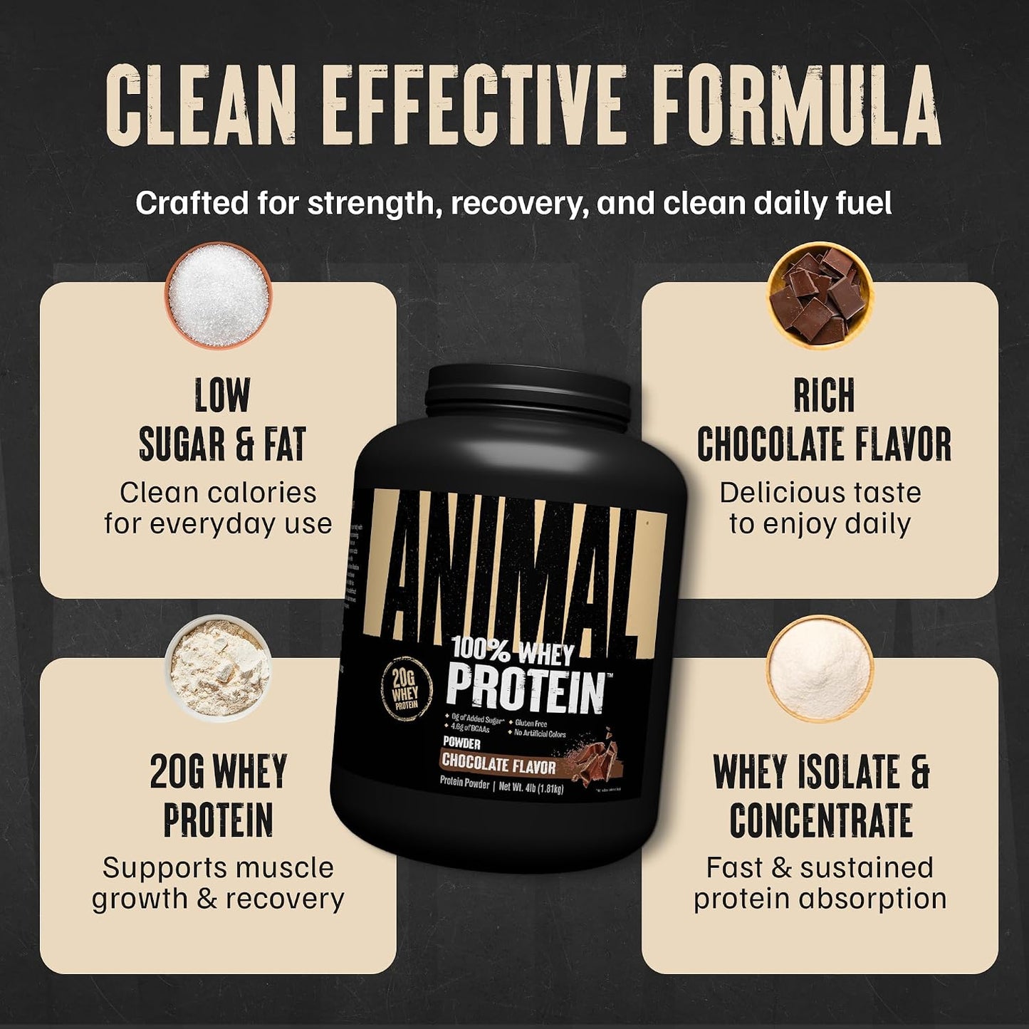 Animal 100% Whey Protein Powder, 20G High Protein | Chocolate 4LB | Pre &amp; Post Workout Meal Replacement with BCAAs | Build Strength, Muscle &amp; Recover Faster | Low Carb, Low Sugar, Great Taste