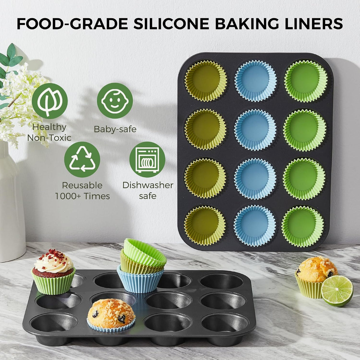 Non-Stick Muffin Pans, Cupcake Pan with Silicone Baking Cups, 2 Pack Non toxic Healthy Muffin tin, Heavy duty-Dark Grey