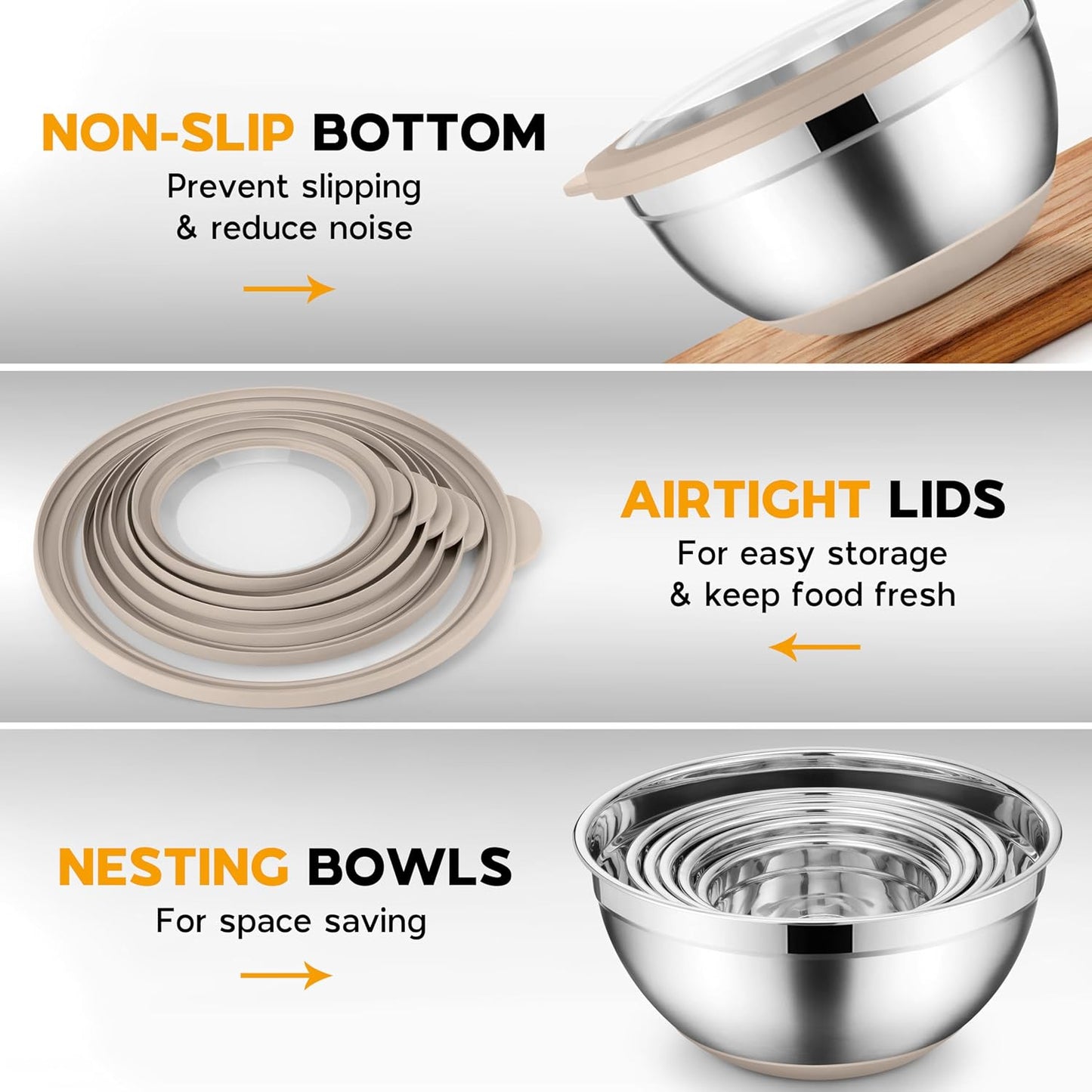 Onader Mixing Bowls with Lids Set of 6, Large Metal Nesting Mixing Bowls, Stainless Steel Non-Slip Salad Bowl Khaki – Size 0.7, 1, 1.5, 2, 2.6, 4.6QT