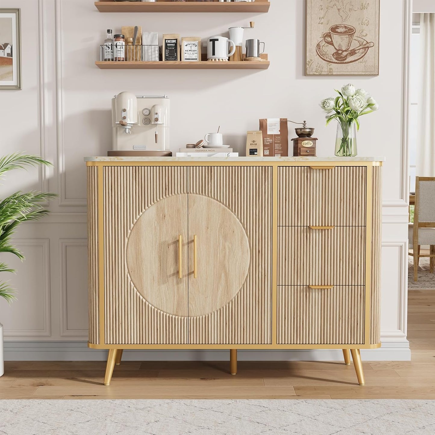 47.3" Modern Buffet Cabinet with Storage, Kitchen Sideboard Buffet with 2 Door &amp; 3 Drawers, Fluted Caffee Bar Storage Cabinet for Dining Room, Living Room, Entryway, Natural Oak