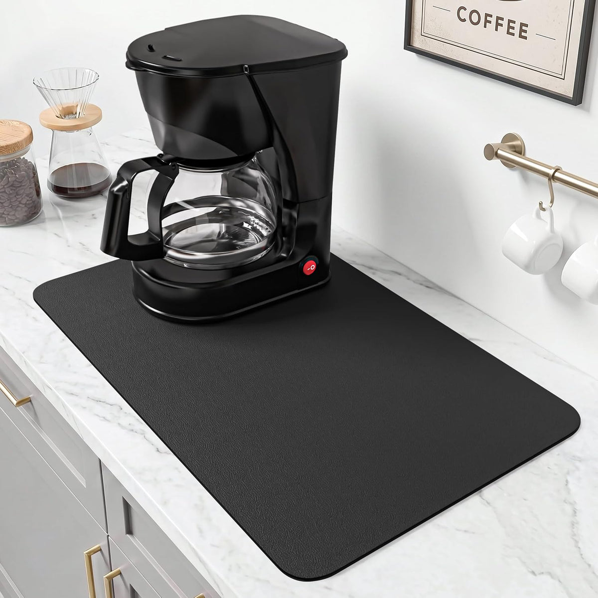 PoYang 17x12 Inch Coffee Mat, Small Dish Drying Mat, Black | Quickly Absorbs Spills, Stain-Hiding, Non-Slip &amp; Heat-Resistant Mat for Coffee Maker, Espresso Machine &amp; Kitchen Countertop