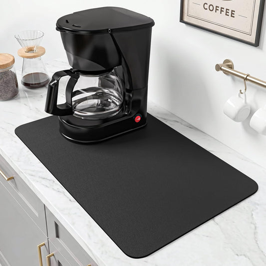 PoYang 17x12 Inch Coffee Mat, Small Dish Drying Mat, Black | Quickly Absorbs Spills, Stain-Hiding, Non-Slip &amp; Heat-Resistant Mat for Coffee Maker, Espresso Machine &amp; Kitchen Countertop