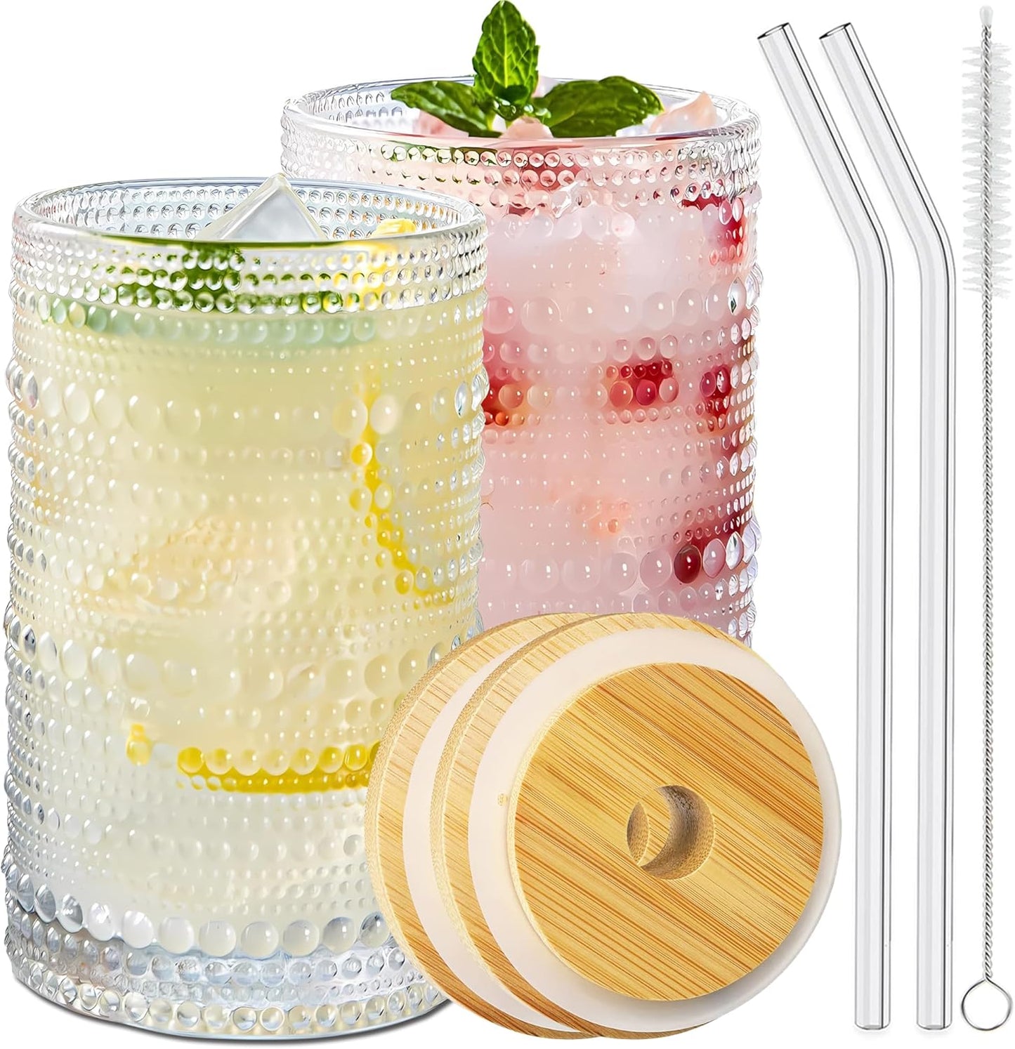 2 Pcs Iced Coffee Glasses Cups with Bamboo Lids and Straws,12 oz Thick Emboss Beaded Drinking Glass 