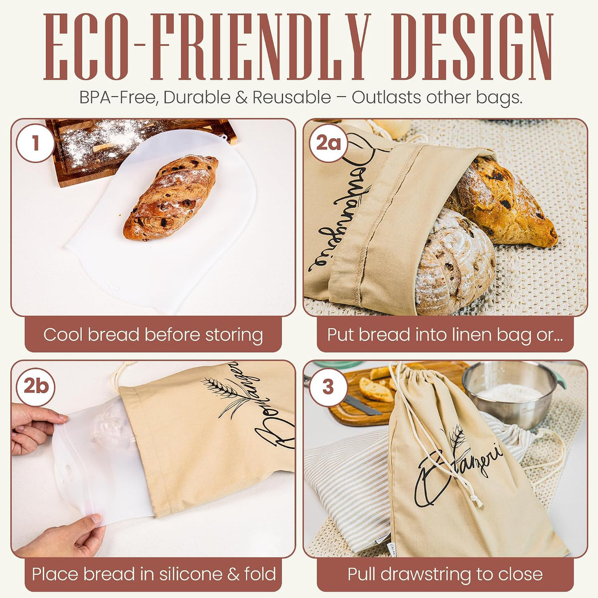 Bread Bags for Homemade Bread, Sourdough &amp; Gluten Free Bread with Multifunctional Reusable Silicone Inserts. Silicone Kneading Dough Bag, Pizza Dough, Tortilla &amp; Pasta Storage Bags - (16x11inch)