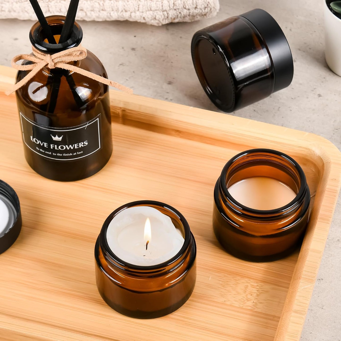 Glass Jars with Lids,Eco-Friendly Cosmetic Containers with Airtight Black Lids &amp; Liners, Multi-Color Options for Cream, Lotion, Body Butter, DIY Skincare Travel Jars (Amber, 2oz)