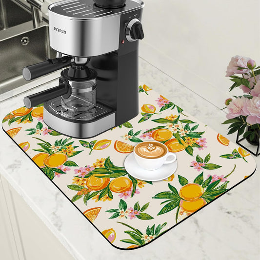 Dish Drying Mat Orange Fruit Floral Coffee Bar Mat for Countertop Absorbent Hide Stain Rubber Backed Dish Drainer Rack Pad