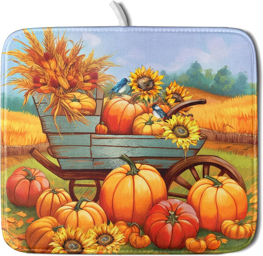 Thanksgiving Autumn Harvest Pumpkin Dish Drying Mat for Kitchen Counter,Sunflowers and Cart Drying Mat 16 x 18 Inch