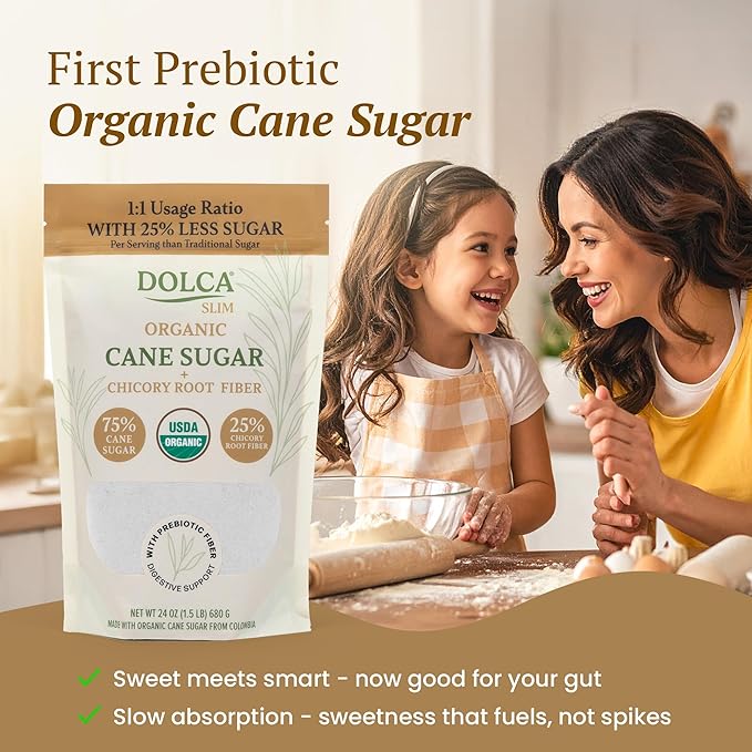 Organic Cane Sugar with Prebiotic Fiber – Dolca Slim – 25% Less Sugar, Same Taste & Texture – Sweetness for Coffee, Tea & Baking – Bakes, Browns & Measures 1:1 – No Artificial Sweeteners