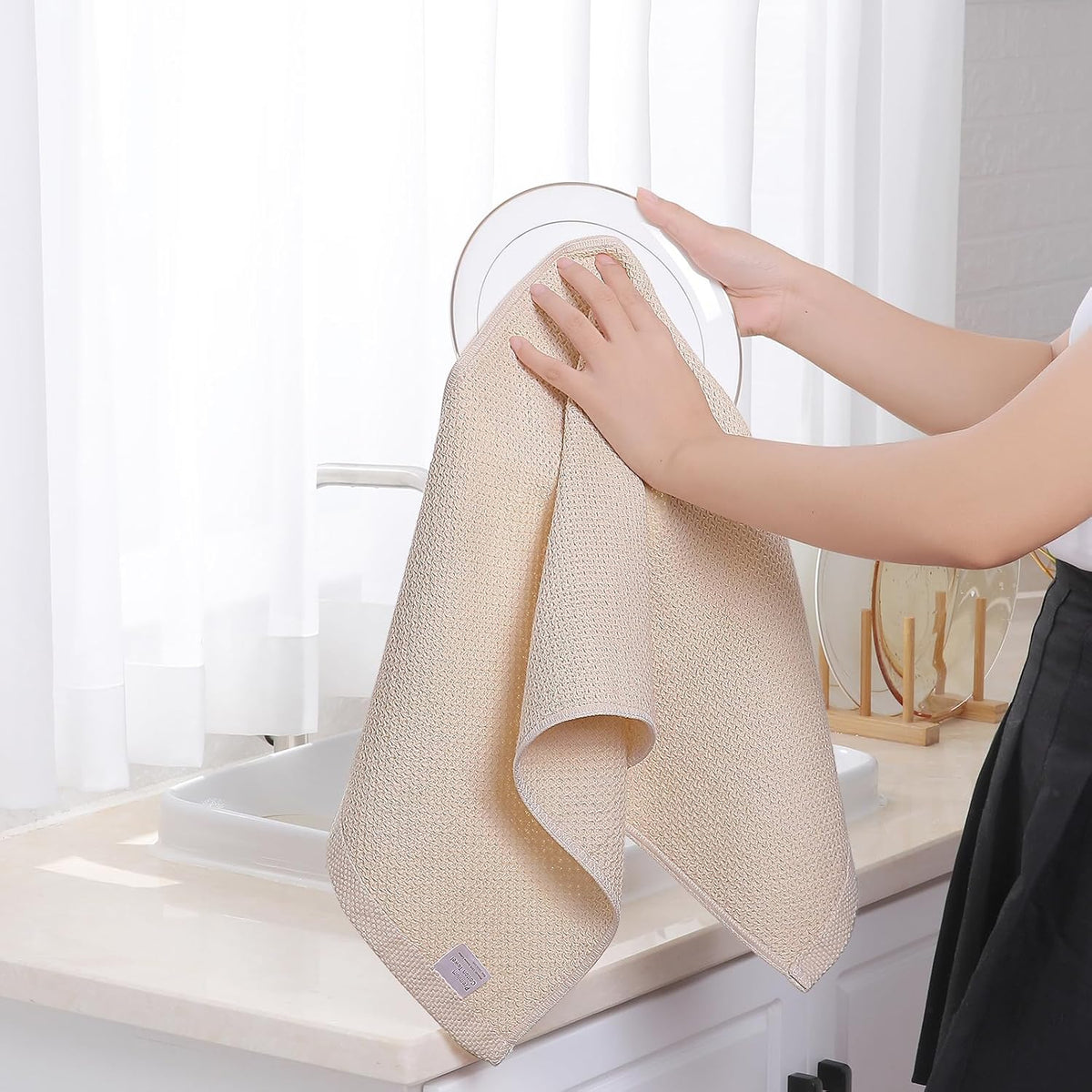 Homaxy 100% Cotton Waffle Weave Kitchen Dish Towels, Ultra Soft Absorbent Quick Drying Cleaning Towel, 13 x 28 Inches, 12-Pack, Beige