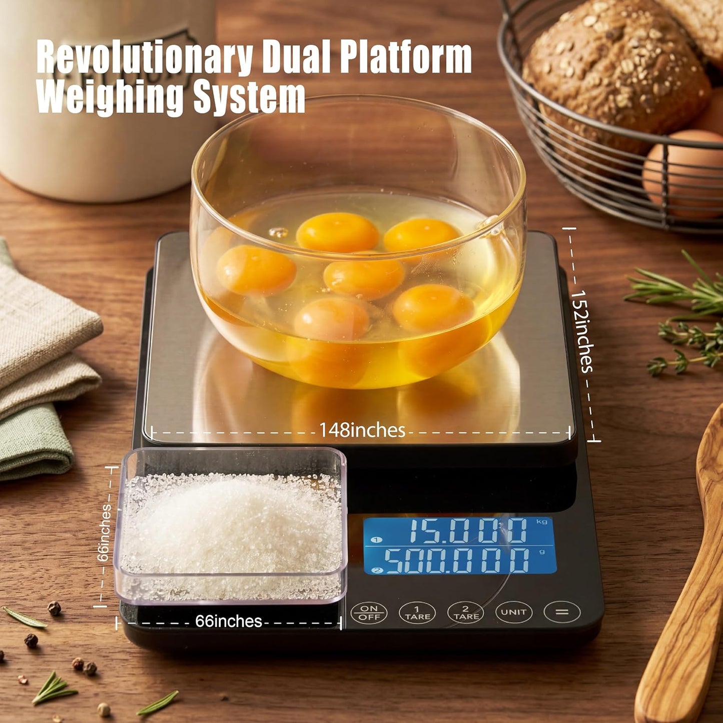 Dual Platform Kitchen Scale, Digital Food Scale with Dual Display, Two Scales in One for Heavy and Precise, 33lb/0.01g/0.001oz, Stainless Steel, 7 Units Tare, for Baking, Sourdough, Cooking