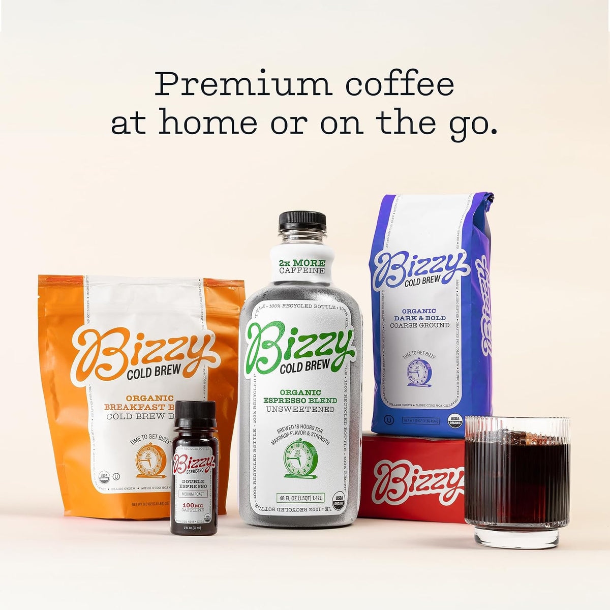 Bizzy Organic Cold Brew Coffee, Smooth &amp; Sweet Blend, Brew Bags, 12 ct | Coarse Ground Coffee in Brew Bags for Cold Brew, Medium Roast, Micro Sifted, Specialty Grade, 100% Arabica, Makes 42 Cups