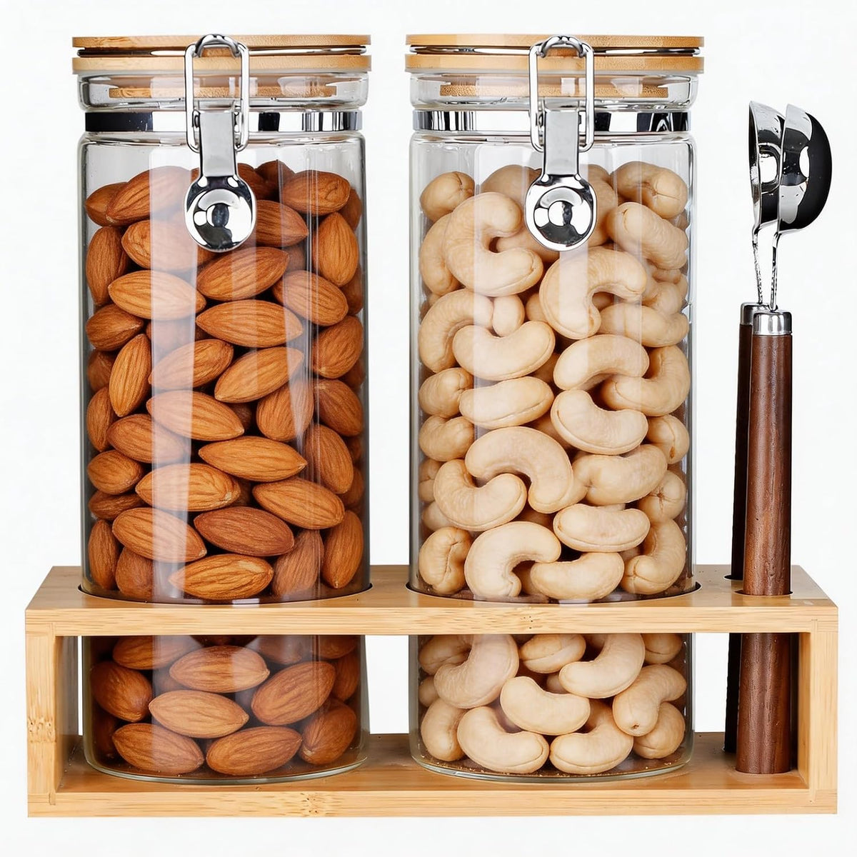 KKC Nut Storage Containers with and Scoops, 2 Pack (50 oz / 1.5L) - Glass Nut Jars with Bamboo Lids, Kitchen Counter Nut Storage for Almonds Cashews Walnuts