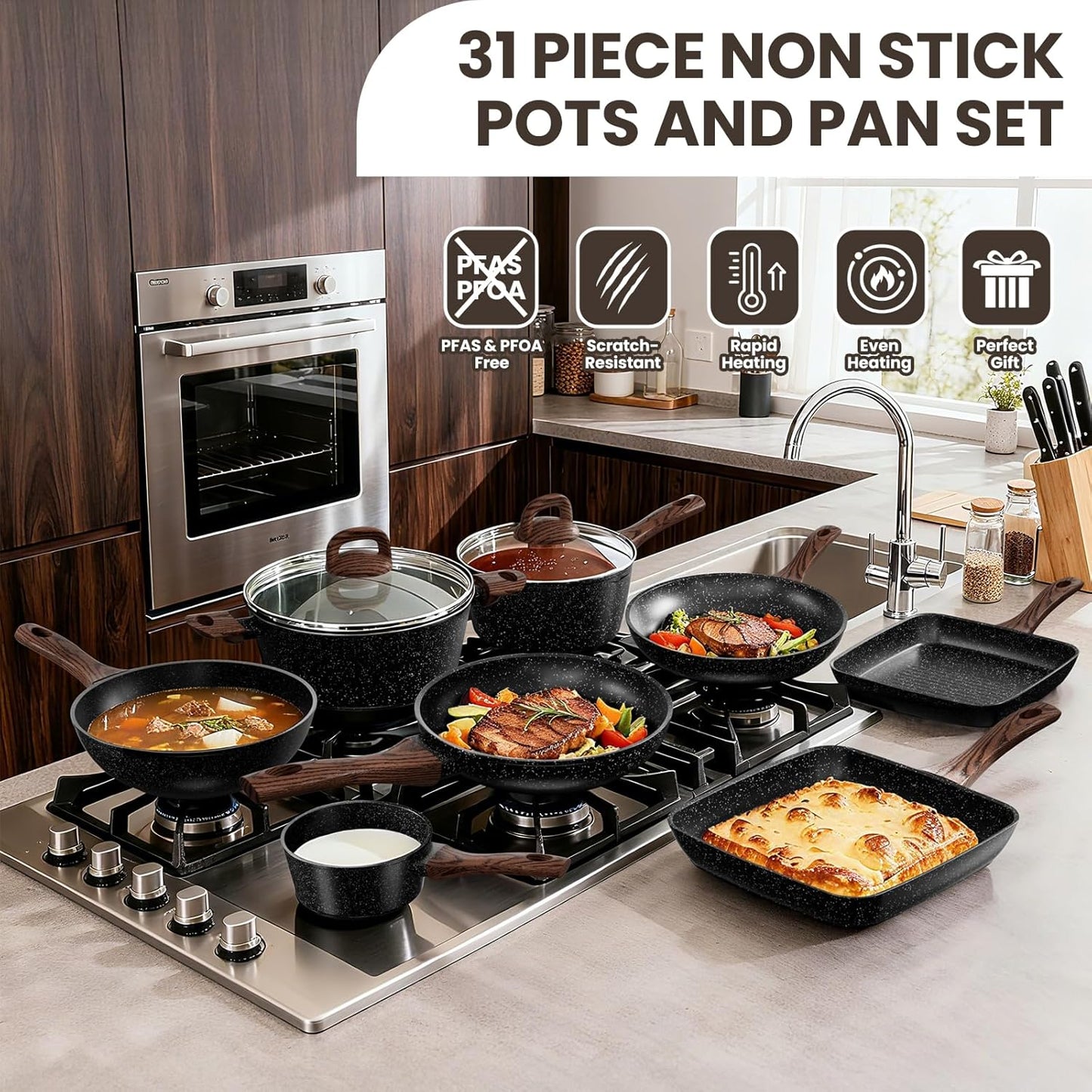 Pots and Pans Set Non Stick, 31 Piece Kitchen Induction Cookware & Bakeware Set, Nonstick Kitchen Cooking Pans Set with