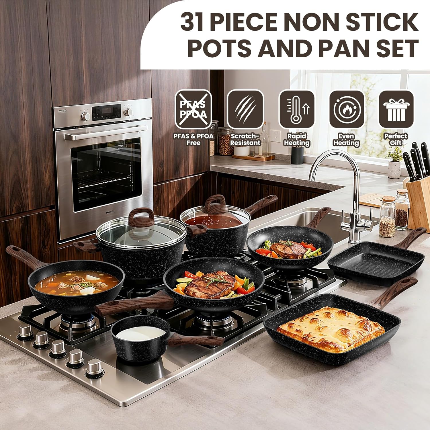 Pots and Pans Set Non Stick, 31 Piece Kitchen Induction Cookware & Bakeware Set, Nonstick Kitchen Cooking Pans Set with