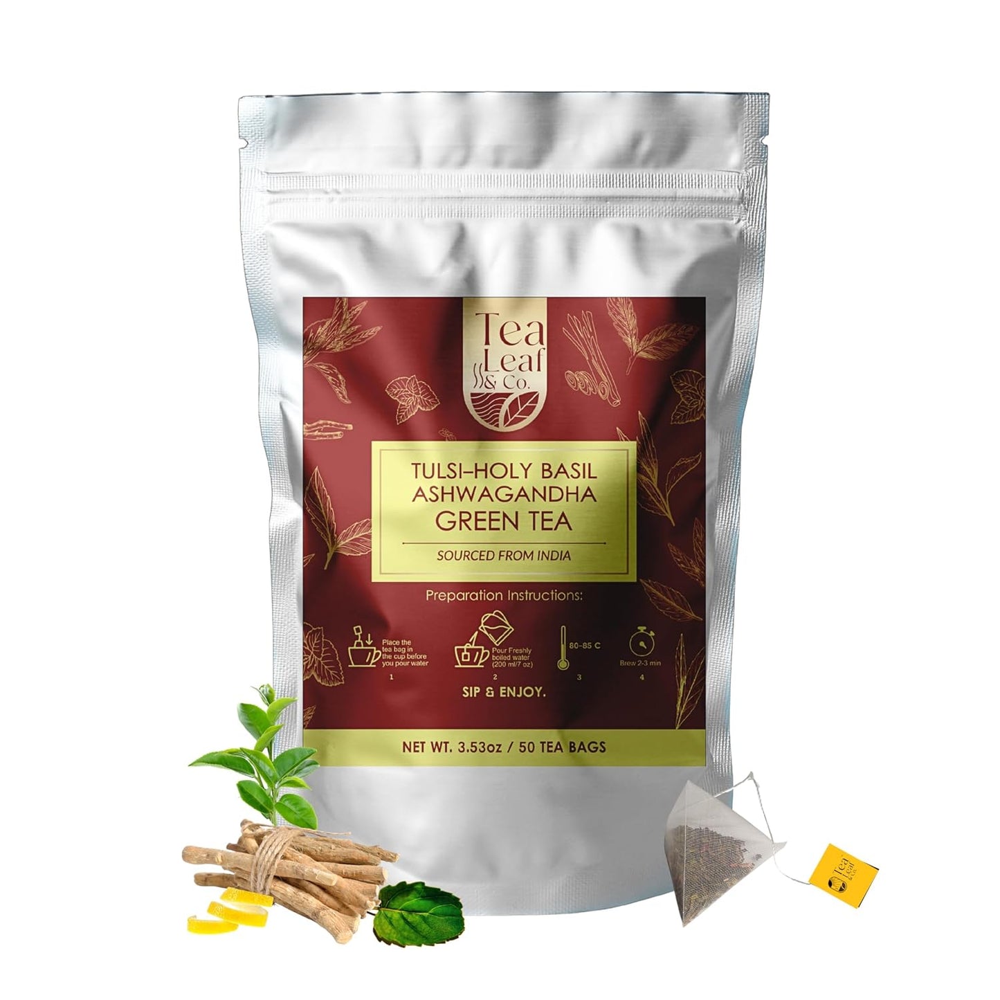 Tulsi Ashwagandha Green Tea 3.5oz, Natural Herbal Infusion, 50 Tea Bags