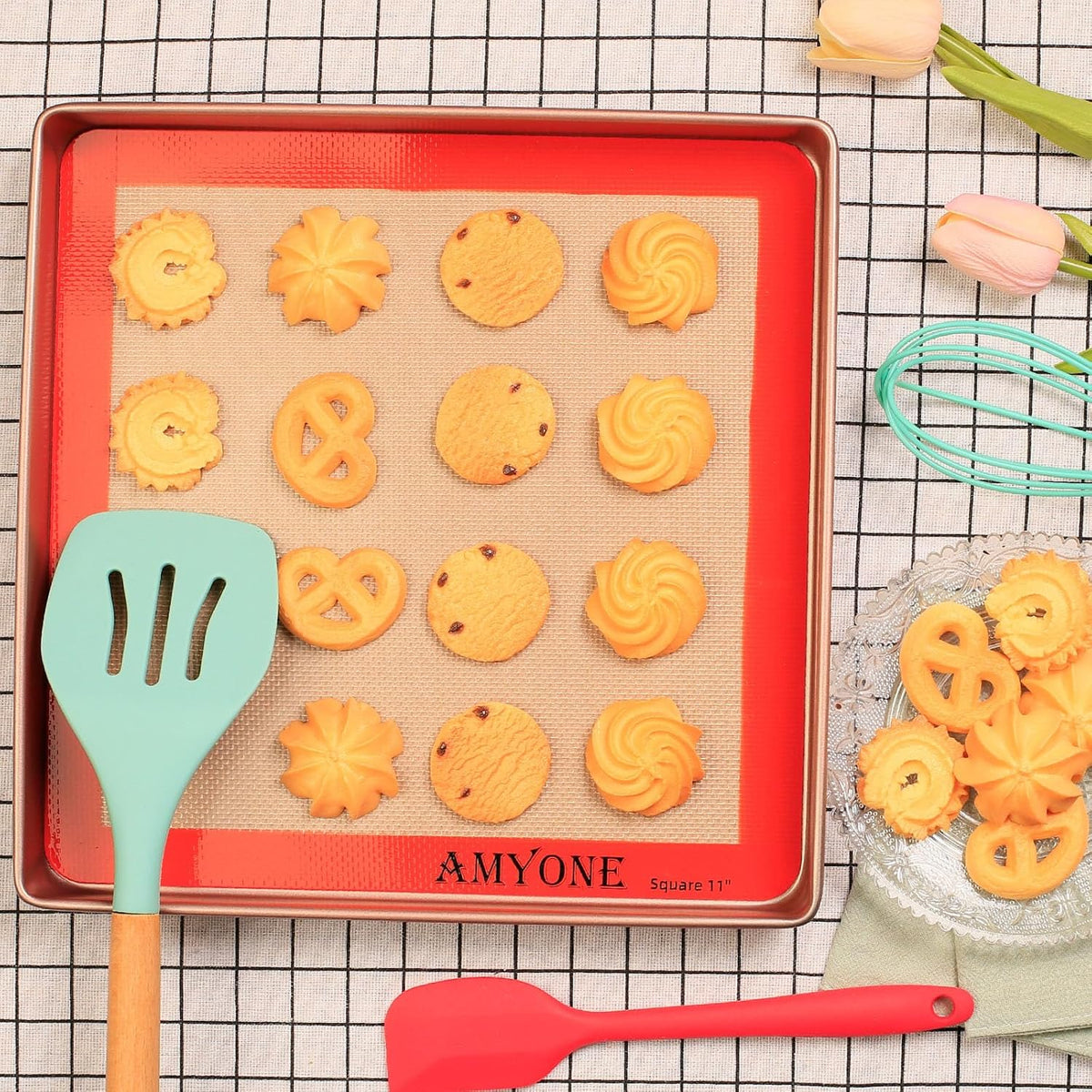 AMYONE 11x11 Silicone Baking Mat, Square Air Fryer Liner, Platinum, 2 Pack | For 11x11 Square Cake Pan/Cheesecake Pan/Toaster Oven/XL Air Fryer, Food Grade Silicone Baking Sheet Liner for Cake/Cookie