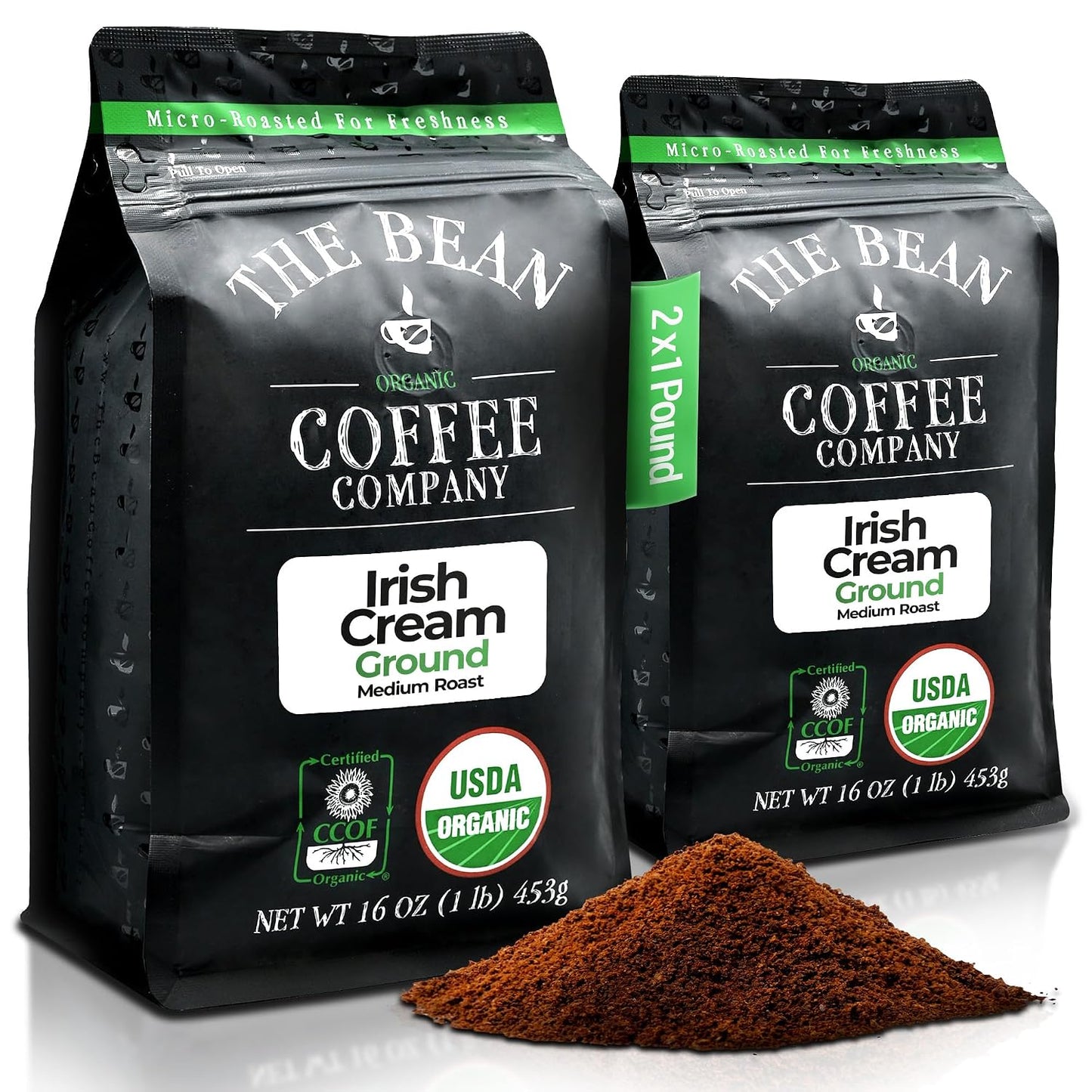 The Bean Organic Coffee Co. Irish Cream, Medium Roast, Ground, 2 x 1 lb | Silky Irish cream with a hint of mint. Organic ground coffee. Medium Roast. 2 x 1 lb.