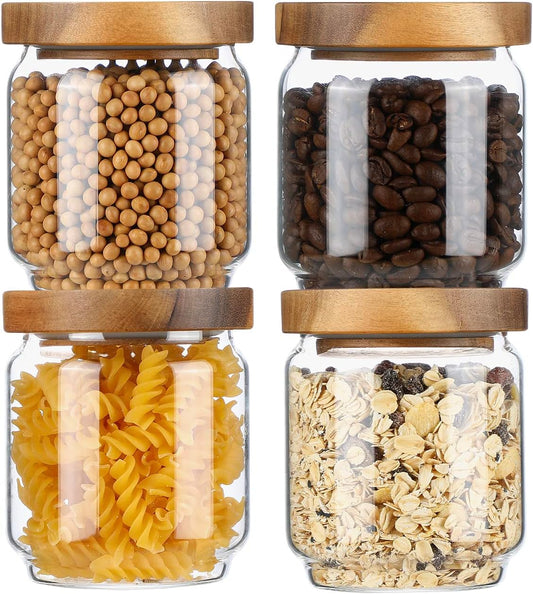 Glass Storage Containers Set of 4, 15 FL OZ High Borosilicate Glass Jars Kitchen Food Canisters with Acacia Wood Lids for