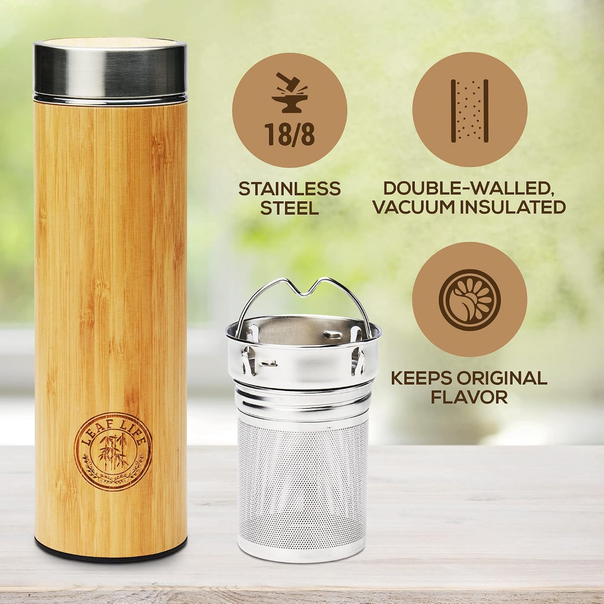 LeafLife Premium Bamboo Tea Tumbler with Infuser for Loose Leaf Tea | Insulated Coffee Bottle, Stainless Steel Gift Set, Leakproof Travel Mug, 17oz