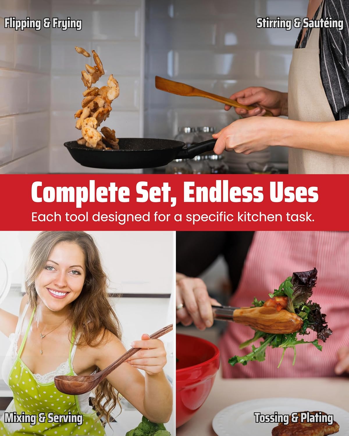 Elegant 5-Piece Walnut Wood Kitchen Utensil Set – Non-Scratch, Heat-Resistant Cooking Utensil Set with Kitchen Tongs, Spoons, Spatula &amp; Ladle – Lightweight, Durable &amp; Perfect for Daily Use or Gifting