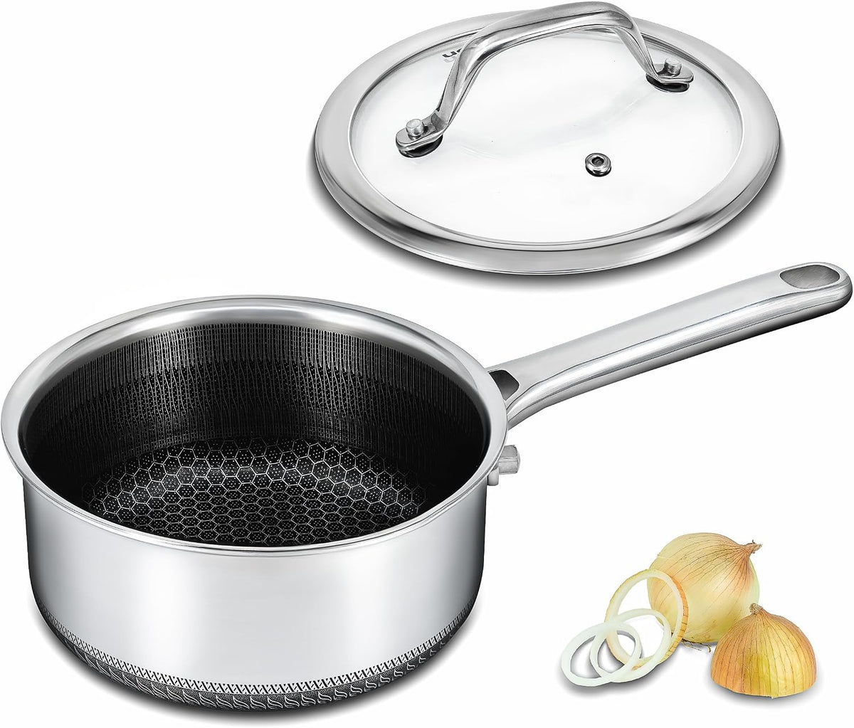 Hybrid Nonstick 1.5 QT Saucepan with Lid, Stainless Steel Honeycomb Pot with Two Pour Spouts,Compatible with All Cooktops,Dishwasher and Oven Safe