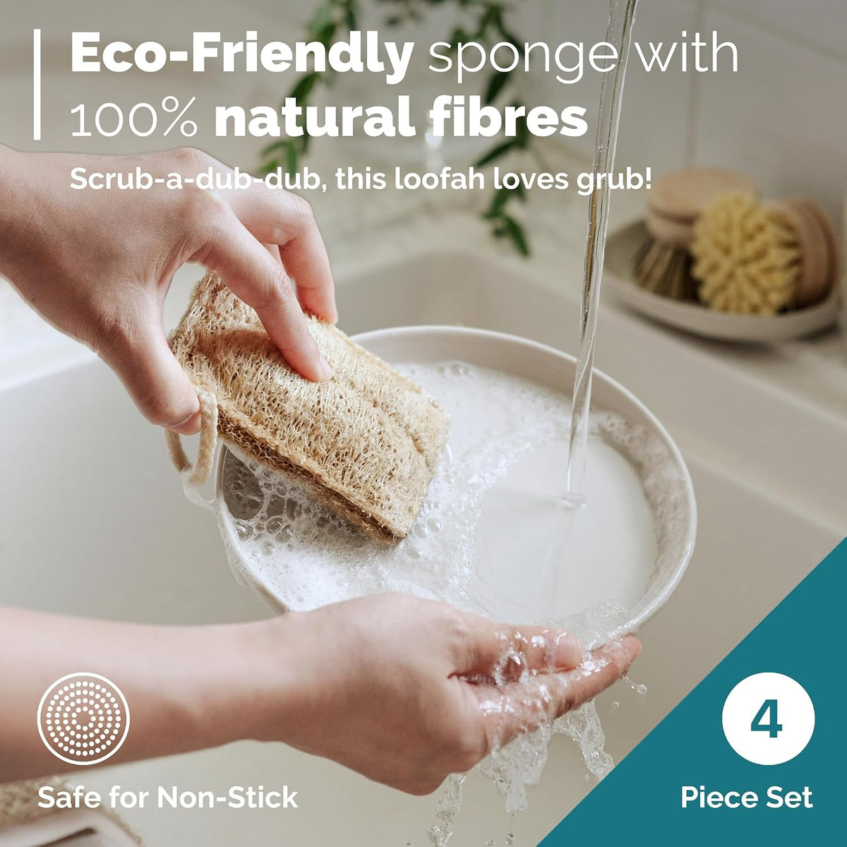 JUNGLE CULTURE Bamboo Dish Brush • 3 Swap Heads &amp; Loofah Sponge • 4 Piece