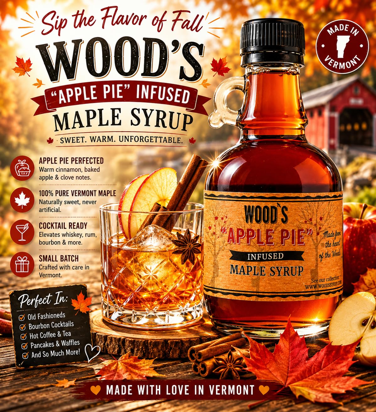 Wood’s Vermont Apple Pie Maple Syrup – Infused Vermont Maple Syrup with Warm Spices &amp; Real Apple Flavor | Small-Batch, Vegan Natural Sweetener | Perfect for Pancakes, Ice Cream, Cocktails &amp; Baking | 8.45 Fl Oz (250mL)