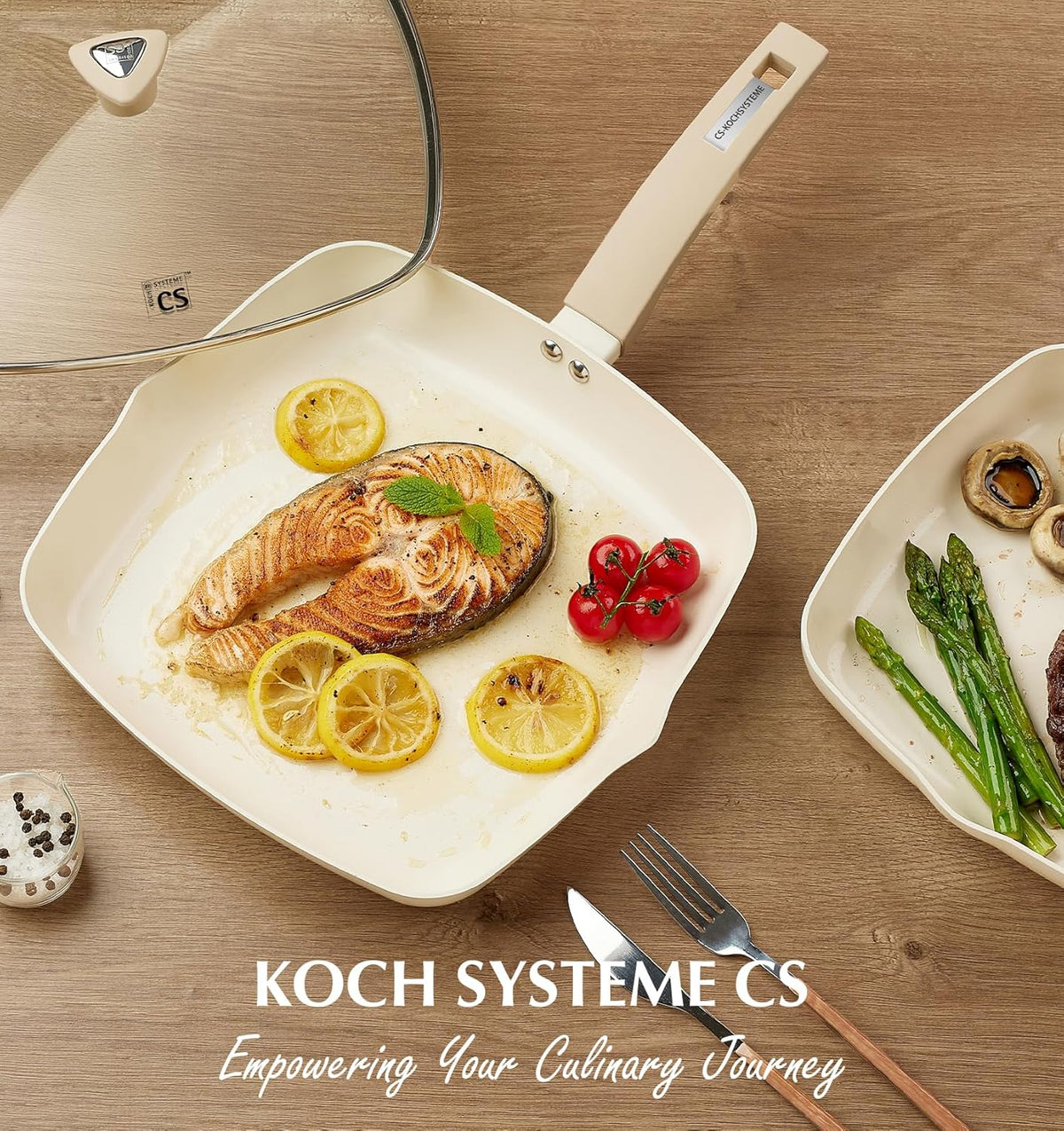 KOCH SYSTEME CS Nonstick Grill Pan for Indoor Cooking, 9.5 Inch Ceramic Square Frying Pan with Lid, Versatile Nonstick Griddle Pan for Stove Tops, Induction Compatible, Toxic-Free, Cream White
