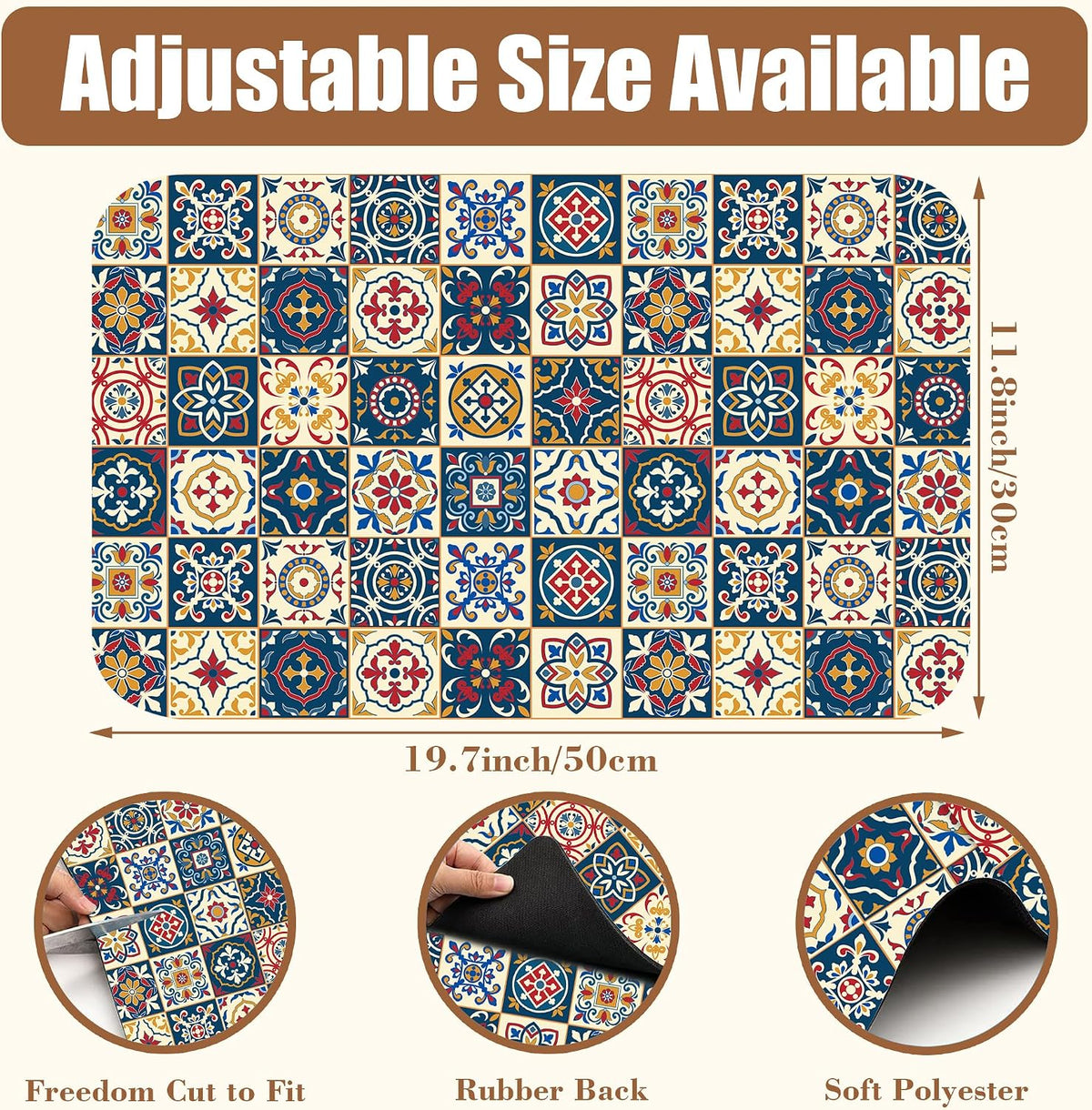 Dish Drying Mat Moroccan Tile Coffee Bar Mat for Countertop Absorbent Rubber Backed Hide Stain Dish Drainer Rack Pad Coffee Maker Espresso Machine Dining Room Decoration 11.8 x 19.7 Inch