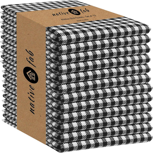 Native Fab Black Gingham Dish Towels 16"x26" Set of 12 - Cotton Mini Check Plaid Towels, Soft Absorbent Dishcloths with