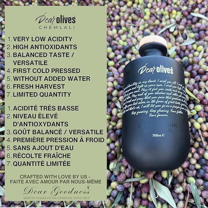 Dear Olives™ – Award-Winning Extra Virgin Olive Oil | Individually Numbered Bottle with a Gift Box | Limited Early Harvest Single-Origin Tunisian EVOO - Fresh Harvest Pure and Natural. 700ml/23.7 Fl Oz - Very High Polyphenol EVOO (Chemlali - Smooth/Douce)