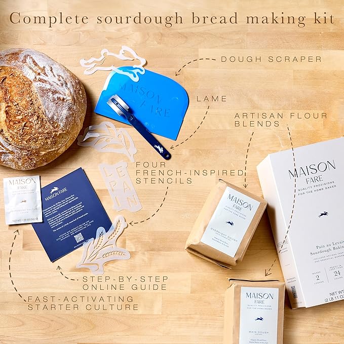 Maison Fare Sourdough Essentials Kit - Fast-Activating Starter, Artisan Flour Mix, 6 Tools, Online Companion with Guided Step by Step Videos - Bake 2 XL Loaves with Classic French Flavor