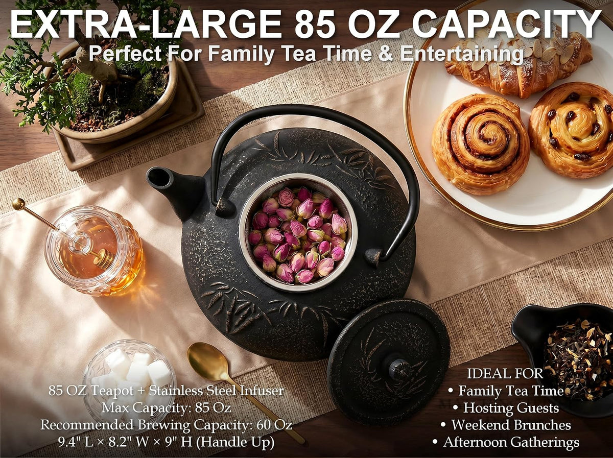 85 Oz XXL Black Bamboo Cast Iron Teapot, Enamel Interior, Infuser &amp; Trivet