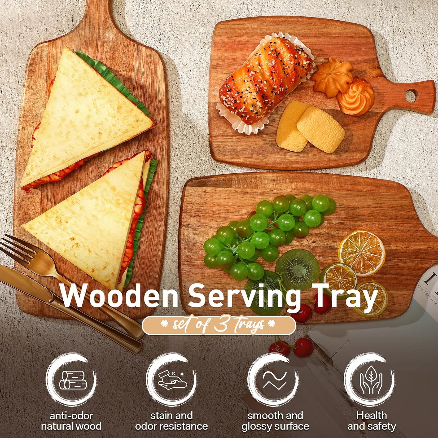 Kathfly 3 Pcs Acacia Wood Cutting Board with Handle Wooden Laser Kitchen Serving Charcuterie Board for Vegetables Meat Pizza Cheese Fruit Bread(17 x 7 Inch)