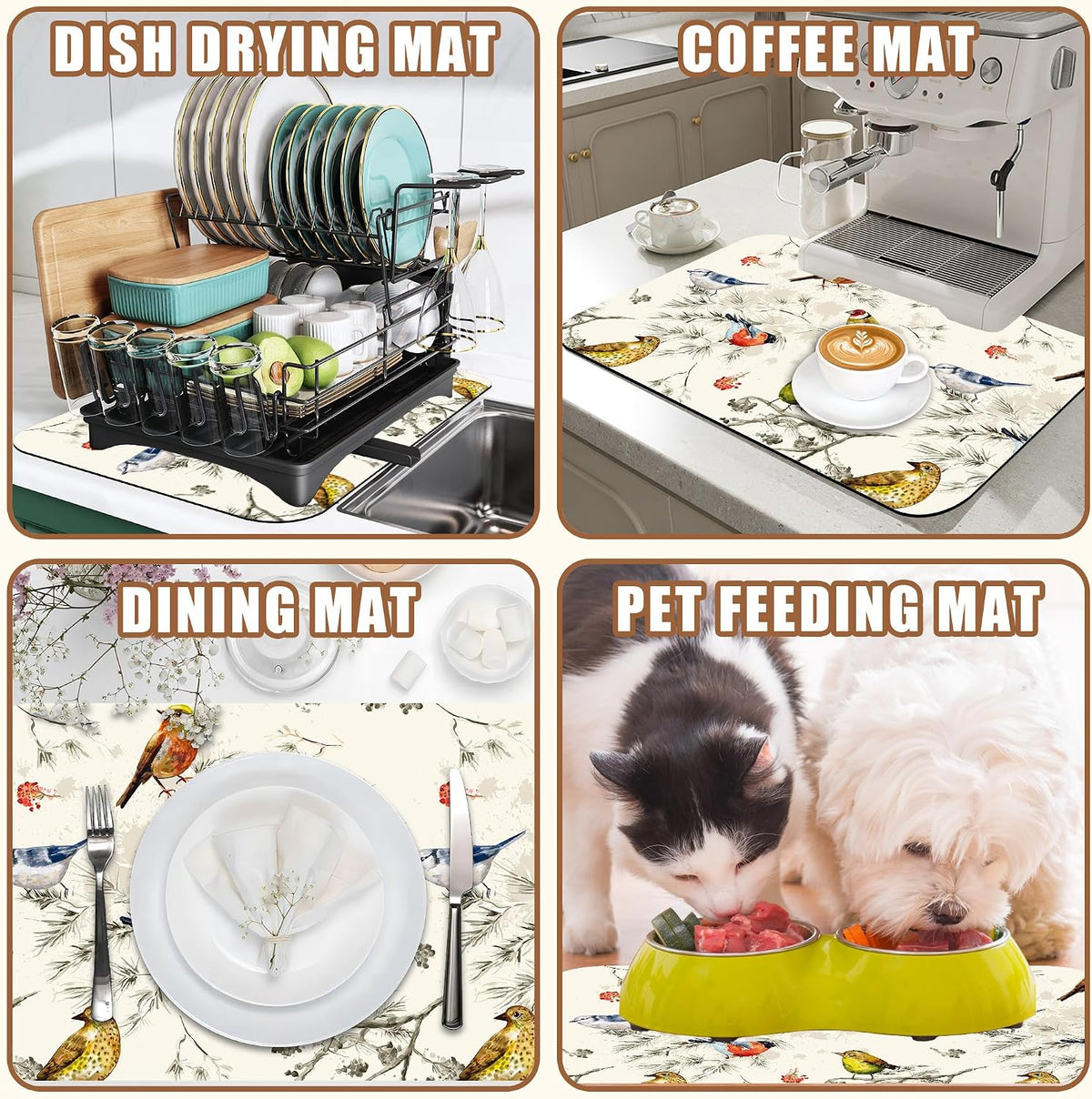 Cute Birds Coffee Mat Absorbent Dish Drying Mat for Kitchen Counter Hide Stain Rubber Backed Coffee Bar Accessories Fit Under Espresso Machine Cafe Table, 11.8 x 19.7 Inch
