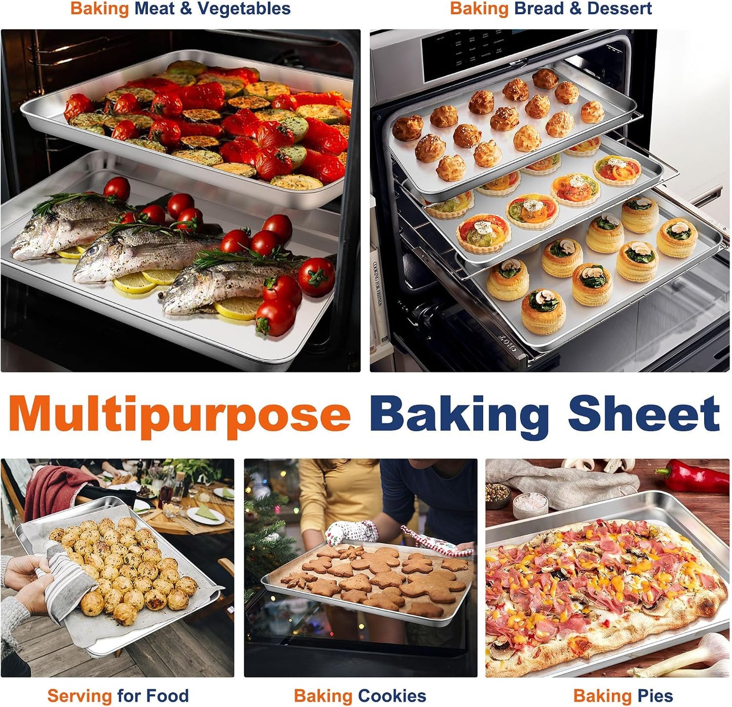 P&amp;P CHEF Baking Sheet Pan, Stainless Steel Cookie Sheet, 16 Inch &amp; 2 Pcs | Oven Tray Sheet Pan for Baking &amp; Serving, Baking Tray for Multi Uses, Heavy Duty &amp; Non-toxic, Rust Free &amp; Dishwasher Safe