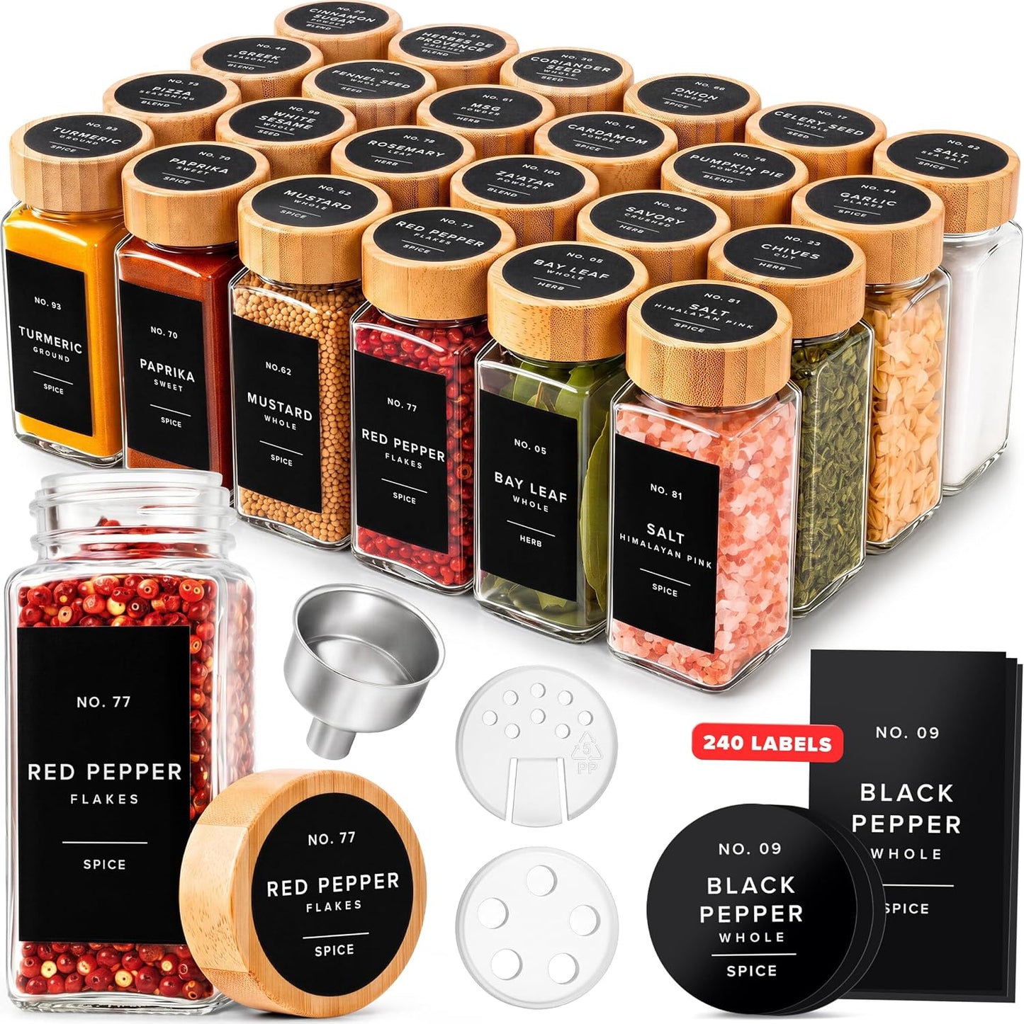 EDELHAUS Glass Spice Jars with Label, 24x Bamboo Wooden Lids - Black Labels | Airtight Lids keep spices fresh, Kitchen Spice Drawer Organizer, 4oz Seasoning Containers incl. Funnel, Brush &amp; 240 Labels