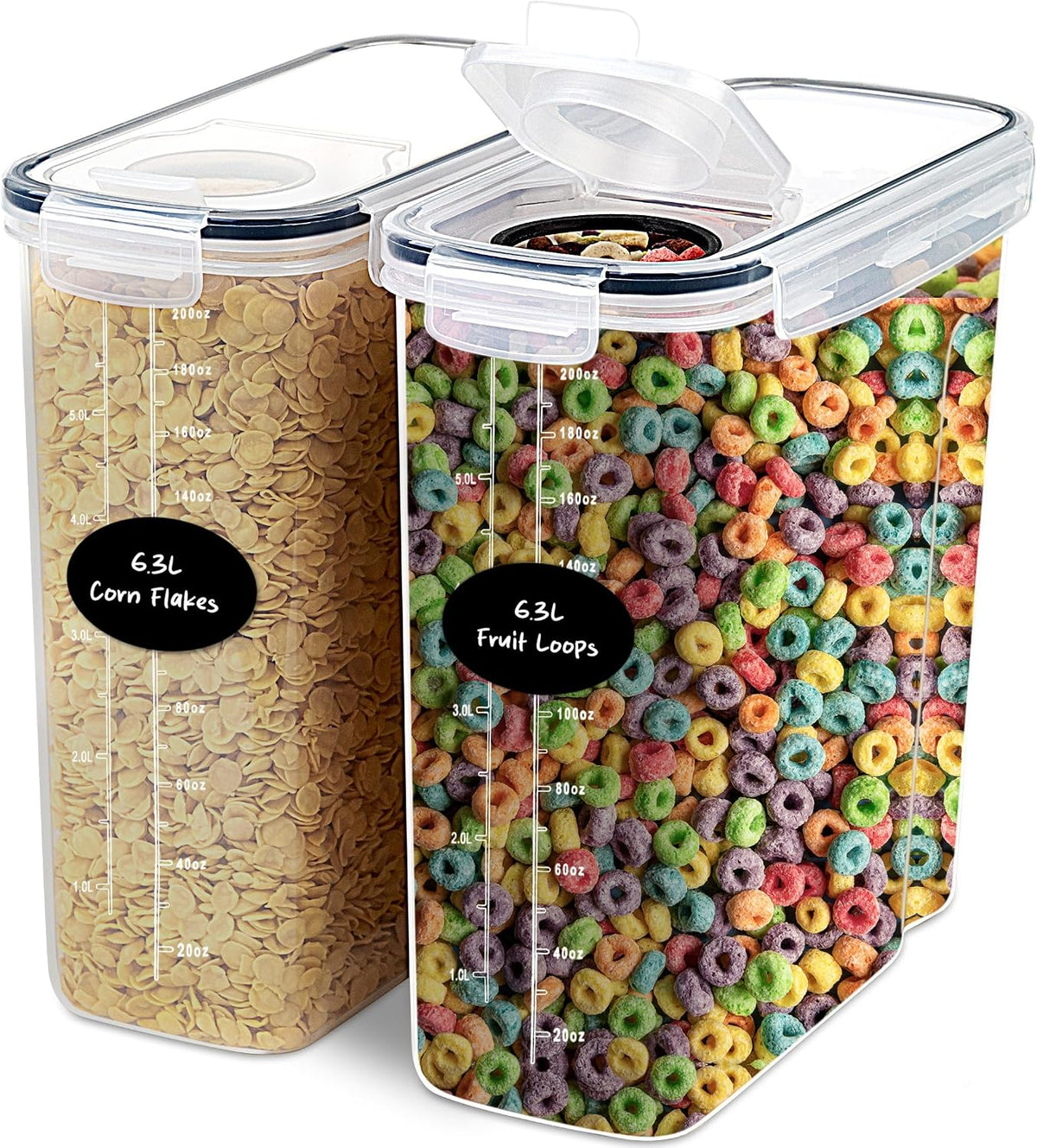 DWËLLZA KITCHEN EXTRA LARGE Cereal Containers Storage (6.3L / 213OZ) Set of 2 Family Size Bulk Cereal Dispenser Countertop, Airtight Food Storage Containers for Pantry Organization, Labels &amp; Marker