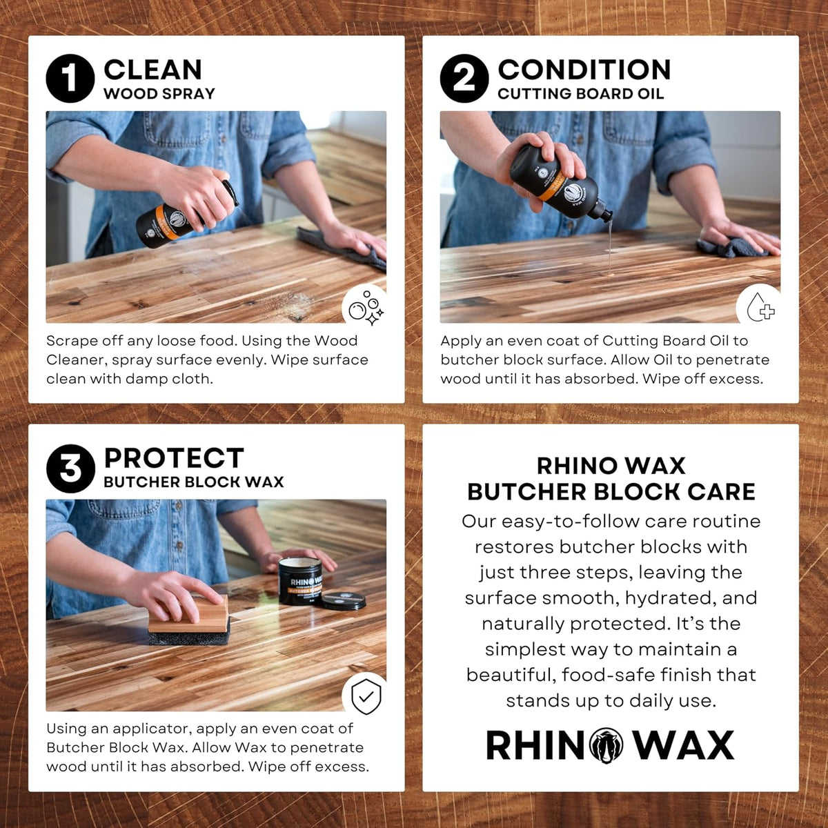 Rhino Wax Butcher Block Ultimate Kit with Cleaner, Oil, Wax &amp; Scraper