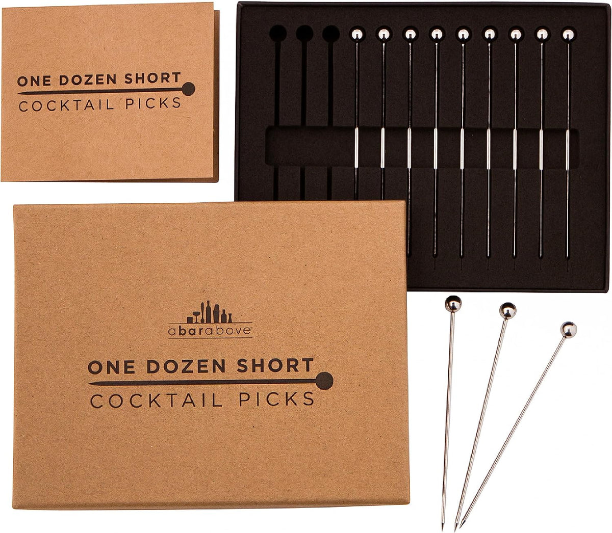 A Bar Above Cocktail Picks, 12 Short 4 Inch Stainless Steel Picks, Silver | Reusable Garnish Sticks, For Martinis and Appetizers, Olives and Shrimp, Bar Accessory, Party Serving Skewers, Bar Cart Piece