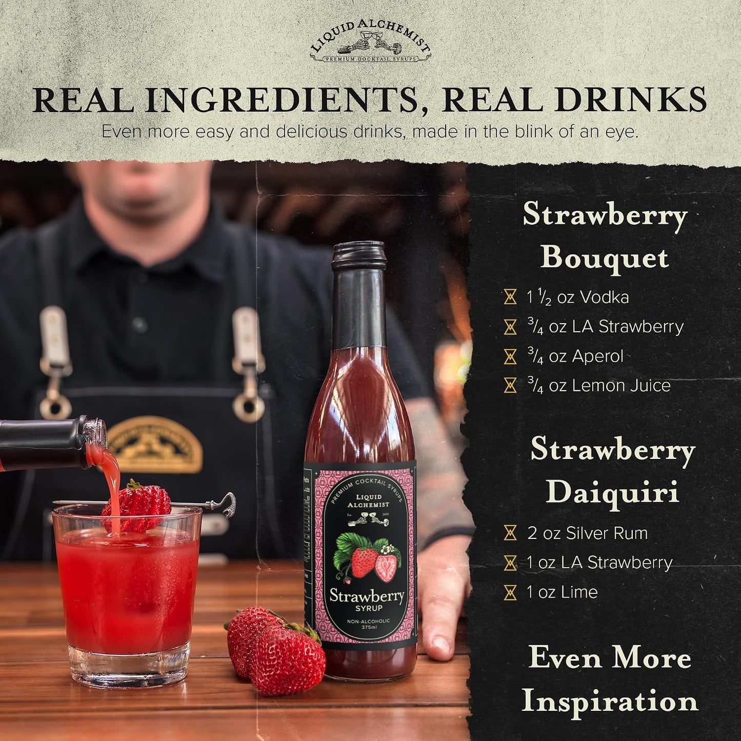 Liquid Alchemist Strawberry Syrup for Cocktails | Real Ingredients Make our Strawberry Puree for Drinks a Perfect Margarita Mix | Small Batch, Non-GMO &amp; Dairy Free | 12.7 oz Drink Mixer, Pack of 1