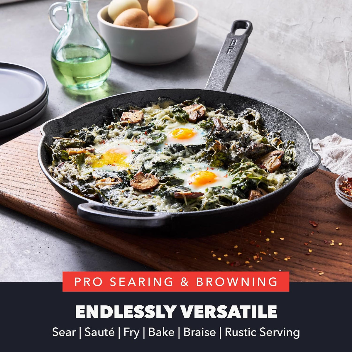GreenPan x Bobby Flay 12” Cast Iron Pre-Seasoned Skillet with Helper Handle, Professional Grade Heavy Duty, Induction, Pour Spouts, Versatile Stovetop, Oven, BBQ Grill Fire, Indoor/Outdoor Use, Black