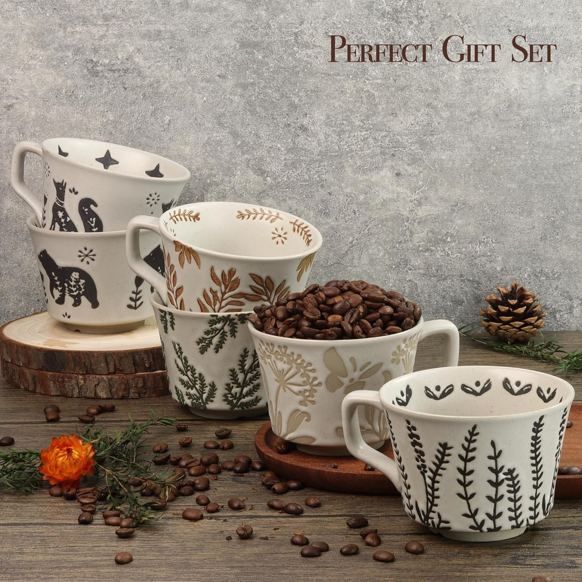Ceramic Coffee Mug, 12 oz Novelty Unique Teacup with Large Handle, Stoneware Cup for Tea Mocha Latte Cappuccino Espresso (Ivy)
