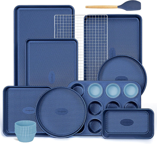 HONGBAKE 22-Piece Baking Pans Set Nonstick, Stackable Non Toxic Bakeware Sets with Diamond Texture, Oven Pan Set for Cooking, Includes Cookie Sheet with Rack, Cake Pan, Roasting Pan, Muffin Tin, Blue
