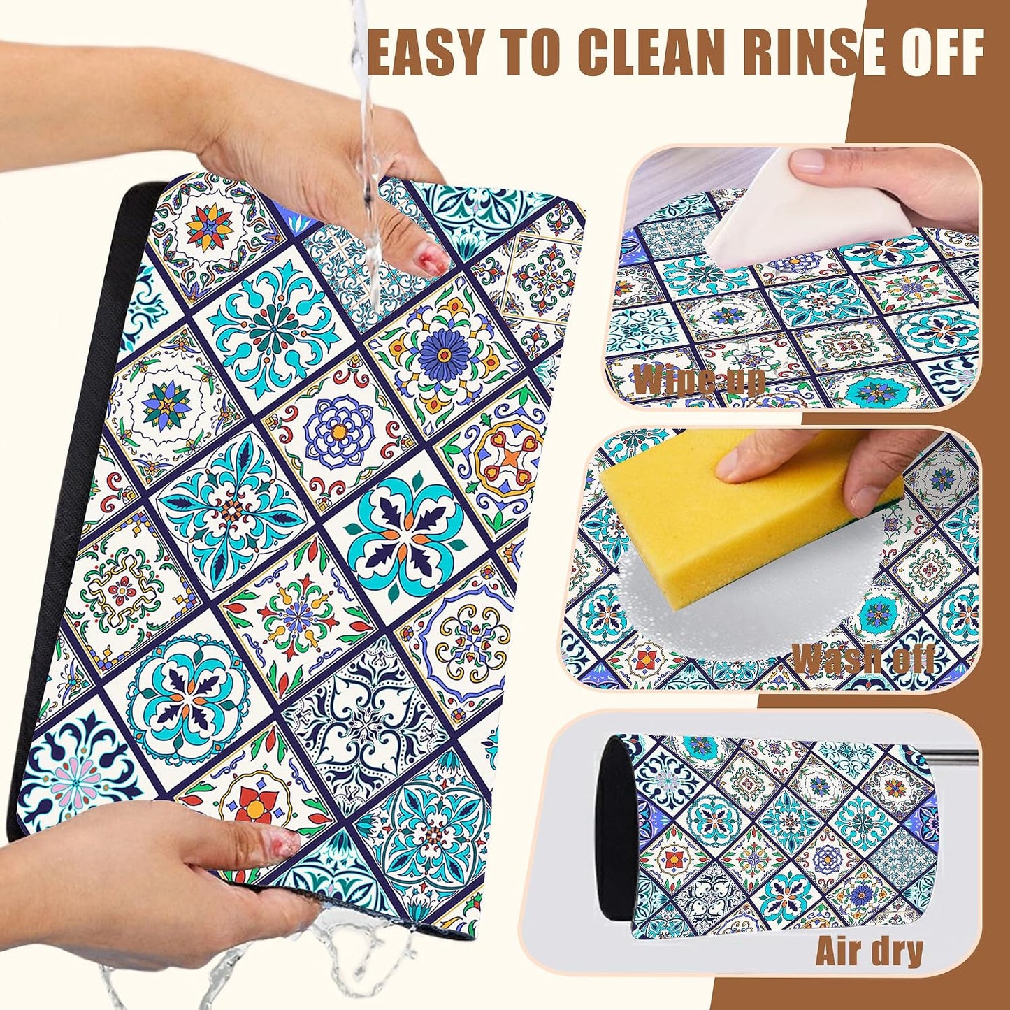 Colorful Tiles Dish Drying Mat for Kitchen Counter Coffee Mat Hide Stain Absorbent Non-Slip Rubber Backed Drying Rack Pad Espresso Machine Coffee Bar Accessories 11.8 x 19.7 Inch