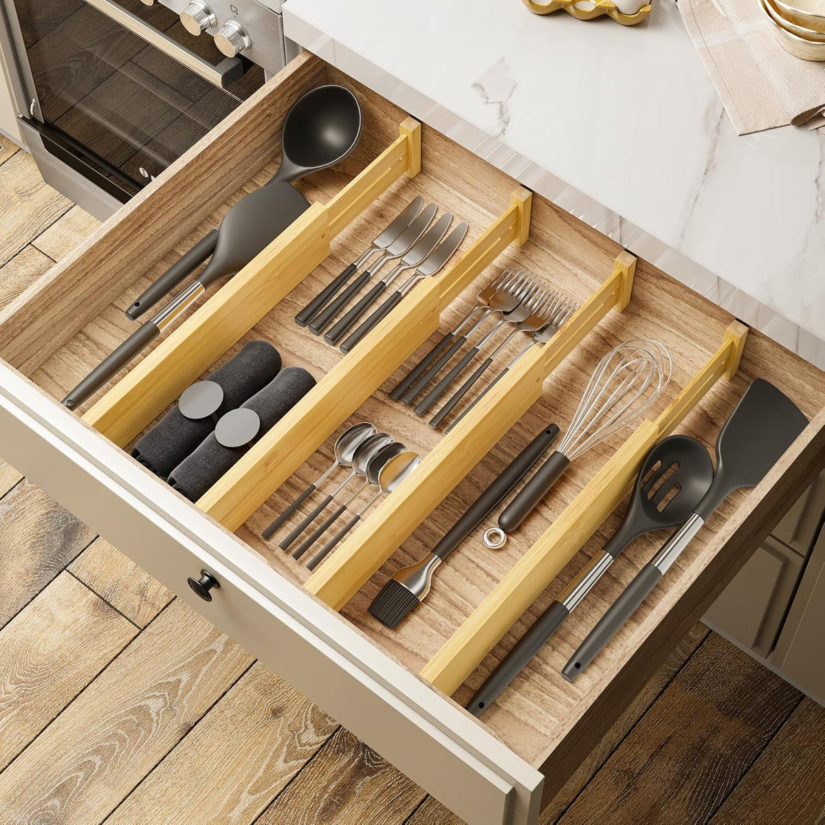 BAMEOS Bamboo Expandable Drawer Dividers – Fits 13.3"–19" Drawers, 3" Deep Walls, Set of 4 | Spring-Loaded Separator for Deep Kitchen &amp; Bathroom Drawers, Prevents Items Falling Over