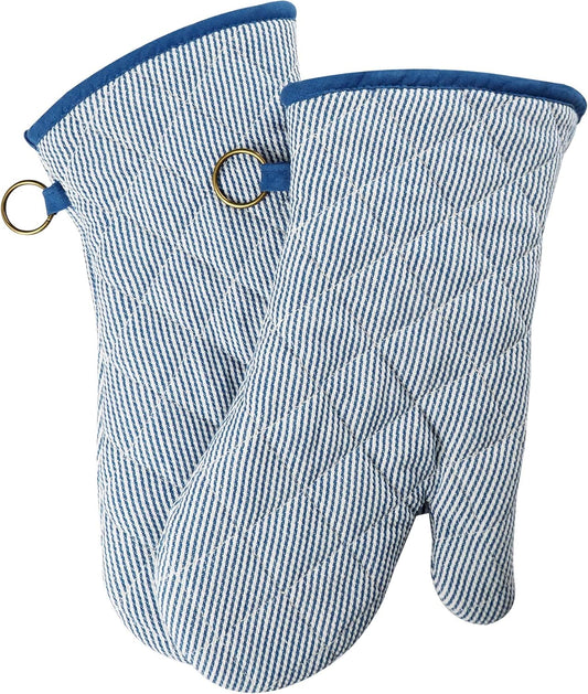 1 Pair Yarn Dyed Oven Mitts 100% Cotton Heat Resistant 470 Degree Gloves Men Women Cooking Baking Barbecue BBQ Microwave