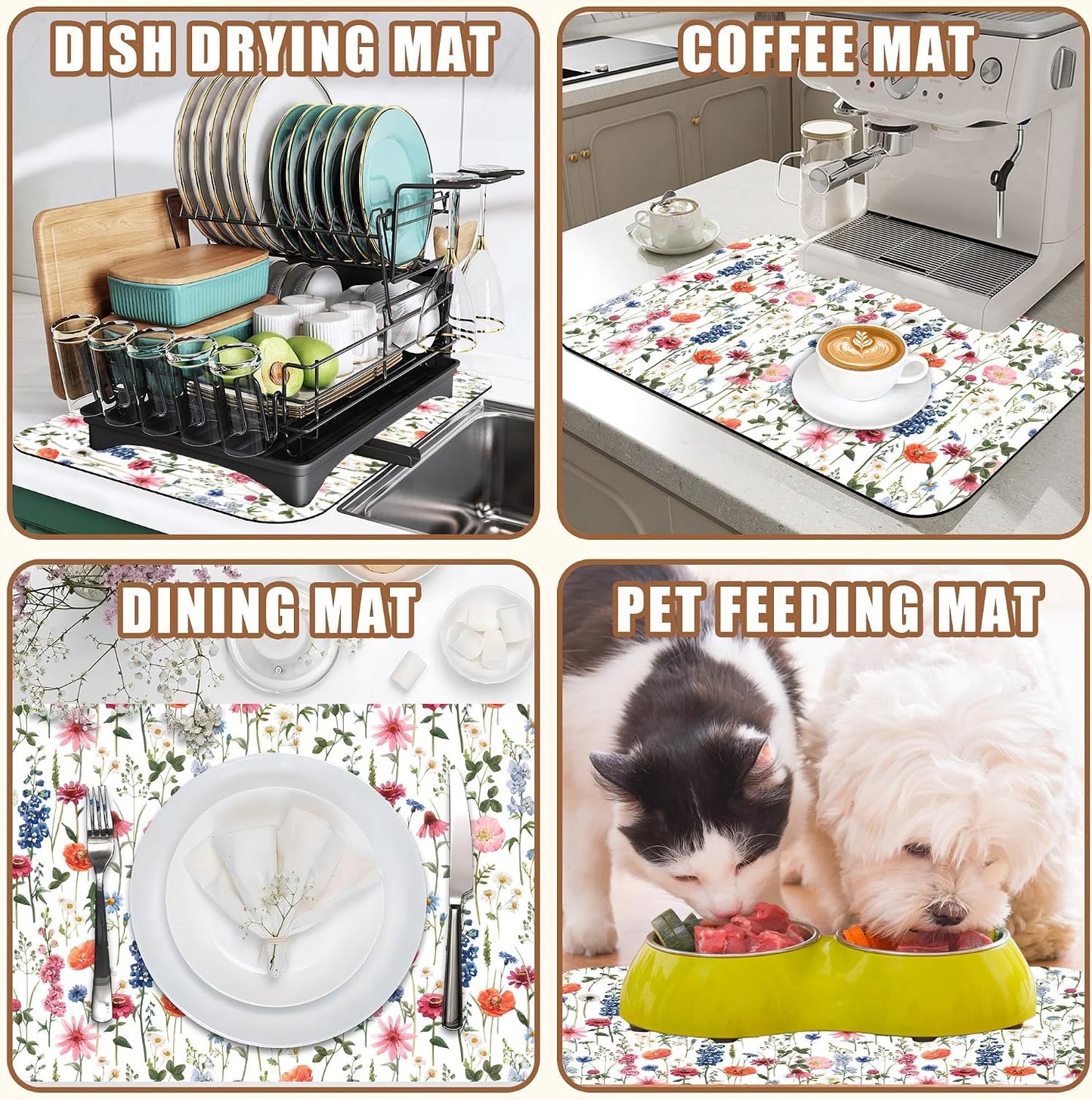 Watercolor Flowers Coffee Mat Absorbent Dish Drying Mat for Kitchen Counter Hide Stain Rubber Backed Coffee Bar Accessories Fit Under Espresso Machine Dish Rack 11.8 x 19.7 Inch