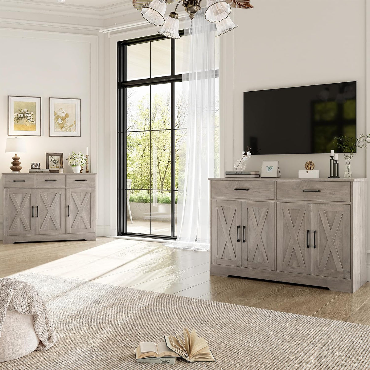HOSTACK 47" W Kitchen Sideboard Buffet Cabinet with Storage Drawers, Grey