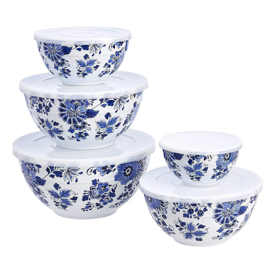Amazon Basics Nesting Melamine Mixing Round Bowl with Lid and Non-Slip Base, 5 Sizes, Blue and White Floral, Set of 10, 4